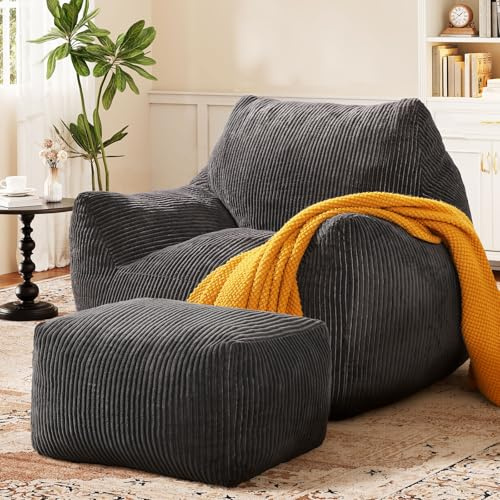 Vellorise Big Bean Bag Chair for Adults, Ultra Soft Living Room Bean Bag with Armrests & Ottoman, Stuffed BeanBag Chair for Napping, Gaming, Vacuum-Compressed for Easy Gifting, 48h to Expand Dark Gray