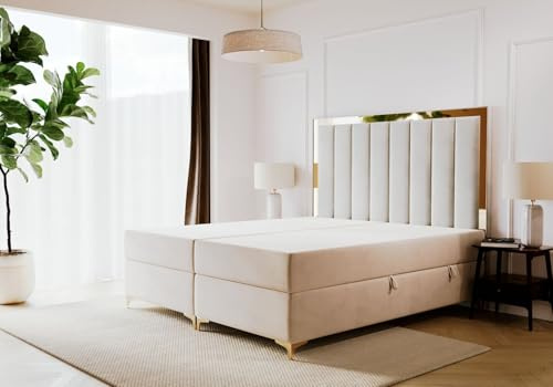 Boxspringbett Bahama 160x200, Bettkasten, Velvet-Stoffbezug, Beige | Betten mit Pocket-Matratze, OEKO-TEX Zertifikat, EU-Herstellung, Weicher Stoff