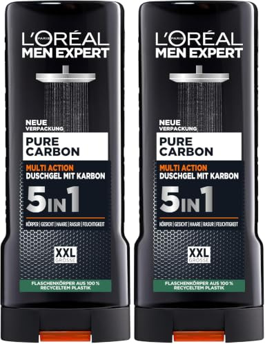 L'Oréal Men Expert XXL 5in1 Duschgel und Shampoo für Männer, Duschbad zur Reinigung von Körper, Haar und Gesicht, Herren Körperpflege für langanhaltende Frische mit Karbon, Pure Carbon, 1 x 400 ml