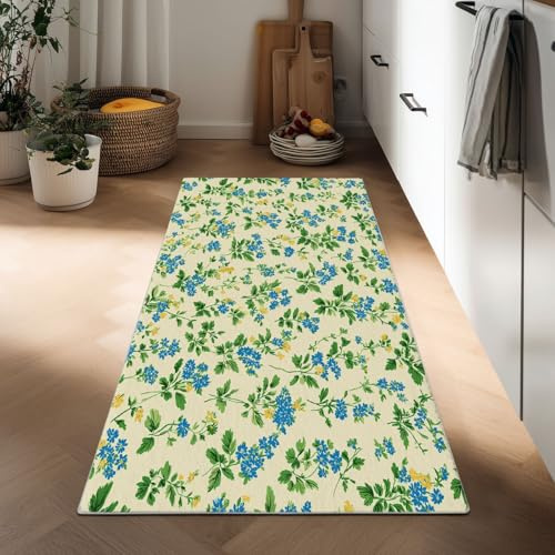 Landhausstil Teppich Flur 60 x 180 cm Waschbar rutschfest, für Wohnzimmer Schlafzimmer Balkon LäUfer KüChe Esszimmer BüRo Teppichläufer Retro Pflanzen Blumen Ranken Weicher Kurzflor Teppiche