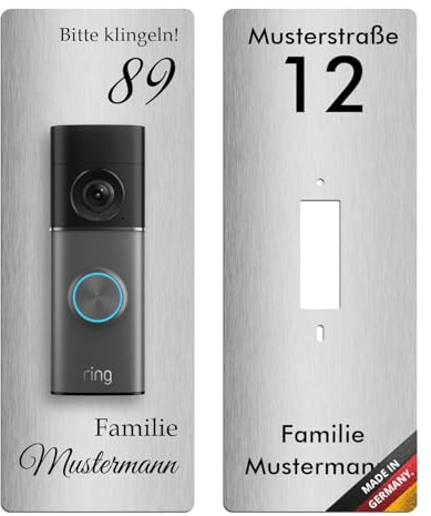 iSecur Personalisiert Edelstahl Blende Ring Pro 3 Gen 2025 - az231 | Personalisierte Edelstahl-Blende für Ring Wired Doorbell Pro 3 Gen 2025, mit Namen Hausnummer, verdeckt Bohrlöcher sauber