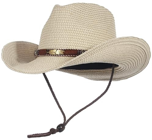 EOZY Straw Cowboy Hats for Men Womens Summer Cowgirl Hat Western Straw Sun Hat for Beach Outdoor Windproof Beige