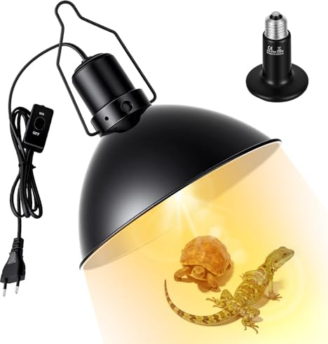 Wärmelampenfassung Terrarium mit 100W E27 Keramik Wärmelampe und Haken | 21cm Reptilien Terrarium Dome Lampenfassung Für Bartagamen, Eidechsen & Schlangen, für Optimale Wärme, Einfach Zu Montieren