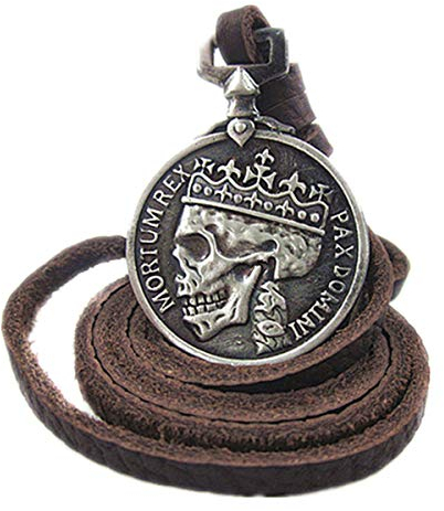 ODETOJOY Klassische Münze Anhänger Halskette Skull Steampunk geschoben Schmuck für Männer Herren Halskette aus braun Leder mit silberfarbenen Totenkopf-Münzen-Anhänger und Samtbeutel (Silber)
