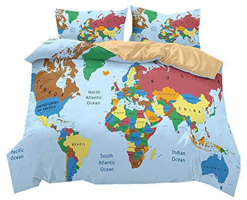 Kind Bettwäsche-Set 135x200 Bunt Weltkarte Stil Bettbezug und Kissenbezug 100% Polyesterfaser