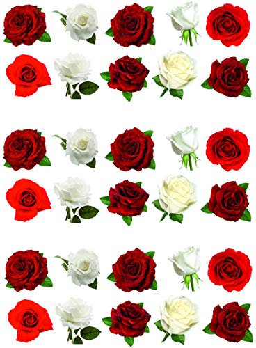 30 Beautiful Red & White Mixed Rose Flower Cake Toppers Edible Decorations