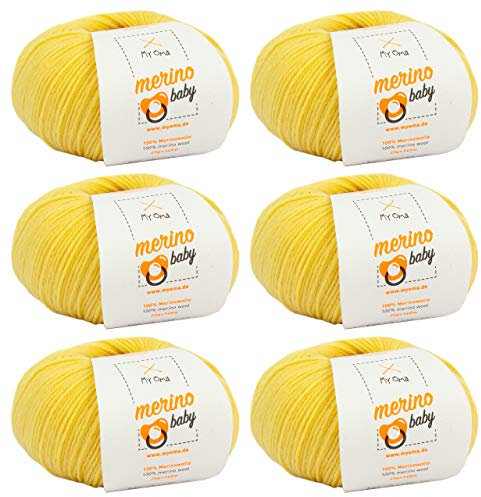 MyOma Merino Baby Wolle - Vanille (Fb 6015) - 6 Knäuel Gelb + GRATIS Label - Flauschig - 25g/140m - Nadelstärke 2,5-3mm - Zum Stricken
