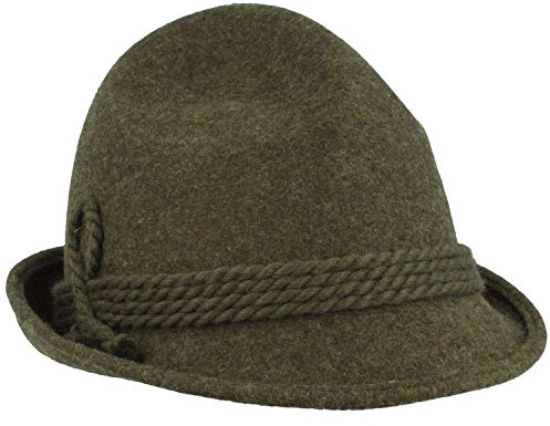 Breiter Original Herren Trachtenhut Filzhut Wanderhut Spitzkopf 100% Wolle, schmaler Krempe & Wollkordel Olive 60