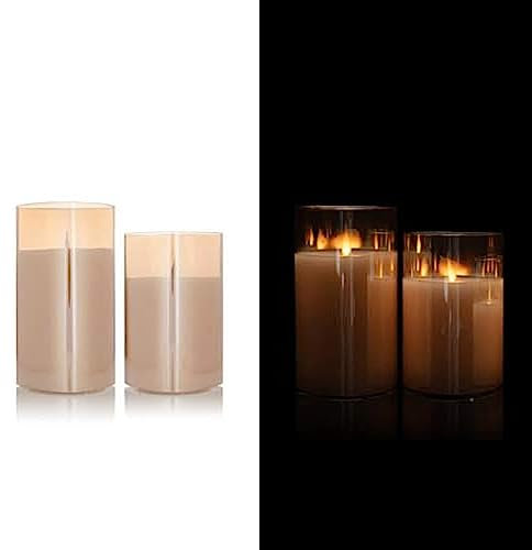 DbKW 2er Set Große LED Kerzen im edlen Glas-Zylinder, verspiegelt, Flackerfunktion, 13 und 15 cm Höhe. Sehr Hochwertig und Elegant (2er Champagner)