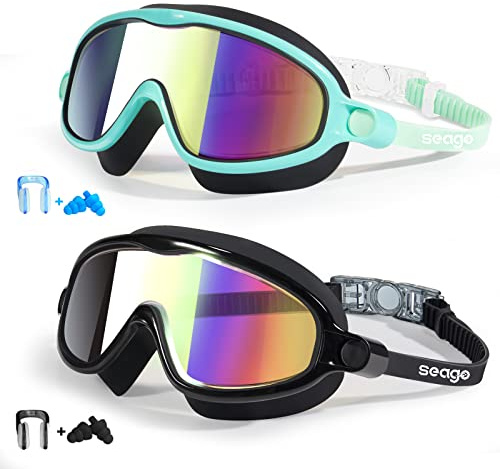 Kids Goggles for Swimming 2 Pack No Leaking Anti-Fog Outer Eye Fit with Wide View UV Protection Crystal Clear Watertight Swim Goggles with nose cover Suitable for Children Youth Boys Girls Age 3 to 14