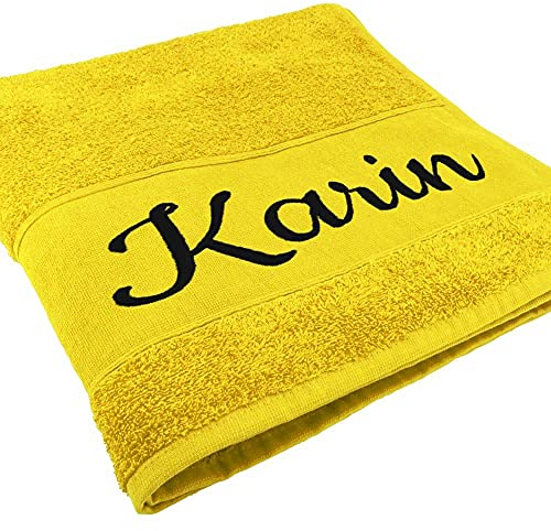 Handtuch mit Namen oder Wunschtext Bestickt, personalisiertes Duschtuch, individuelles Badetuch, 100% Baumwolle, 100 x 50 cm gelb