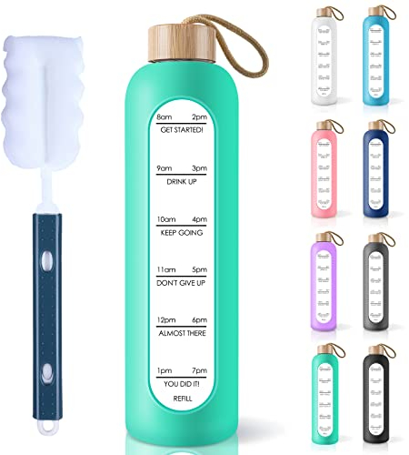 PROBTTL Wasserflasche aus Borosilikatglas mit Zeitmarkierungs-Erinnerung, Zitaten, auslaufsicher, wiederverwendbar, BPA-frei, motivierende Wasserflasche mit Silikonhülle und Bambusdeckel, 900 ml,