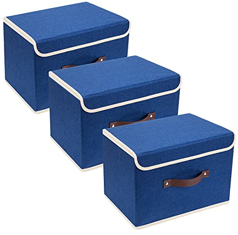 TYEERS Collapsible Storage Box with Lid, Fabric Storage Box for Clothes, Wardrobe Storage, 38x25x25 cm, Set of 3, Classic Blue