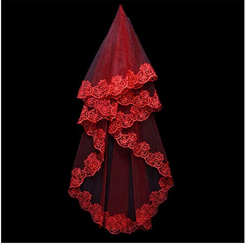 GIVBRO Roter Brautschleier, langer Schleier, Spitze, Tüll, Hochzeitsschleier mit Kamm, Zubehör für Junggesellinnenabschied, Halloween, Party