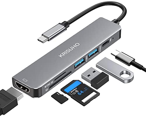 KRISUHO macbook USB C Hub 6 in 1 USB C to HDMI Multiport Adapter with 4K HDMI1 USB 3.0/1 USB 2.0 60W PD Charging and MICRO SD/SD Card Reader for MacBook XPS Samsung Phones Laptop and more
