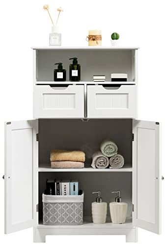 GOPLUS Armoire de Salle de Bain sur Pied avec Planche Mobile et 2 Tiroirs Réglables,Meuble de Rangement sur Pied à 2 Portes pour Cuisine,Salon,Salle de Bain,60 X 30 X 109CM (Crème)