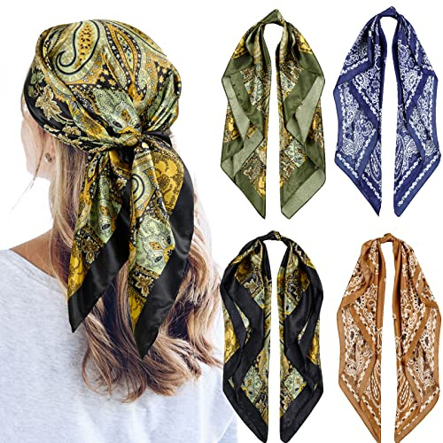 QBSM 4 Pcs 35'' Satin Seidentuch – Großes Quadratisches Kopftuch für Frauen, Seidenschal für Haar, Schlaf & Hals (90x90cm)
