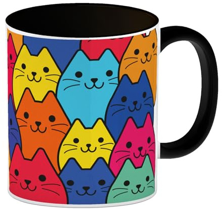 speecheese Kaffeebecher Schwarz mit Katzen Motiv - Buntes Wimmelbild mit Comic Kätzchen