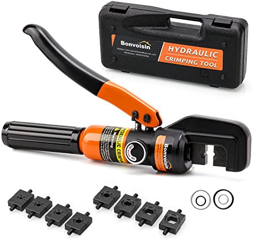 Bonvoisin Pinza crimpatrice idraulica con 9 forme, spessore 4 – 70 m². Manico in acciaio cromato spesso isolato. Adatto per morsetti in rame/alluminio. Istruzioni in lingua tedesca (4 – 70 mm²)
