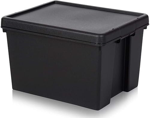 Heavy Duty Black BAM Storage Containers 100% Recycled Plastic Stackable with Lids Garage Tools & Equipment Toys Shoes Storage Box Office & School Stationery Shelve Storage Impact Resistant Box (45 L)