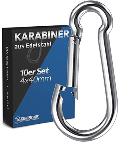 GARSIDURO® Edelstahl Karabiner | 10er Set 4x40 mm | Karabinerhaken DIN 5299 rostfrei | Feuerwehr-Karabiner mit Schnappverschluss geeignet als Schlüsselanhänger oder für Schwerlast und Hundeleine