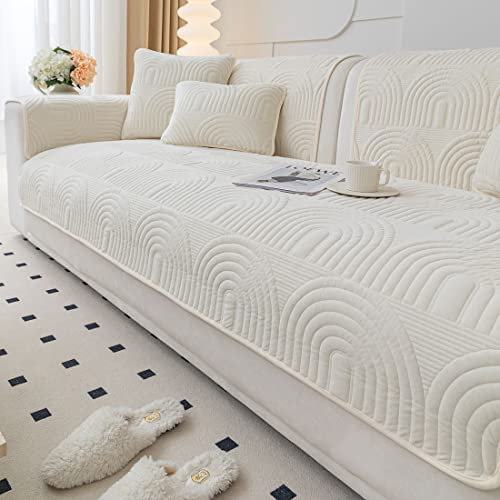 vctops Samt-Plüsch-Couch-Sofabezug, geometrisch, gesteppt, rutschfest, flauschig, weich, Sofa-Schonbezug für Hunde, Kinder, Haustier-Möbelschutz (Creme, 71,1 x 119,4 cm)