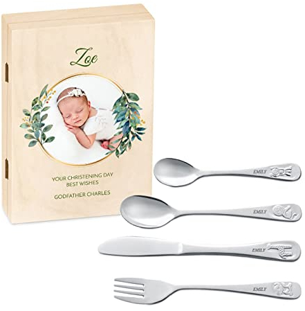 Maverton Kids Silverware in a Wooden Box – Personalised Animals Cutlery Set – Stainless Steel Engraved Utensil Set – for Girls - Christmas Gifts - Idyllic