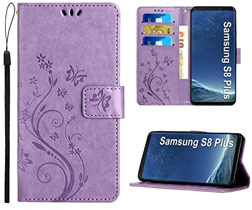 Anshow Kompatibel mit Samsung Galaxy S8 Plus Hülle, Lederhülle Flip Wallet Leder Tasche Blumenmuster Klapphüllen Stoßfest Kartensteckplätzen Schutzhülle, Handyhülle für Samsung S8 Plus, Helles Lila