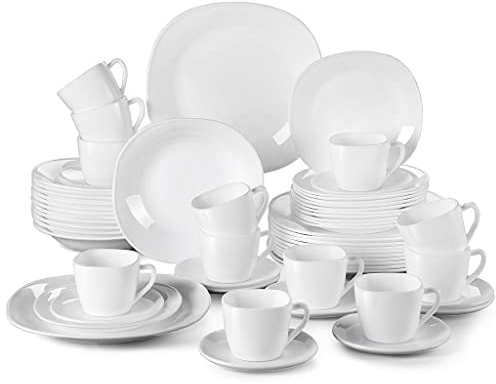 Juego de cena de cristal de ópalo duradero e irrompible de 60 piezas con 12 platos llanos, platos hondos, platos de postre, tazas y platillos