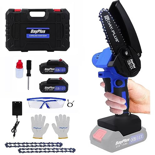 Mini Tronçonneuse à Batterie, 4 Pouces Tronçonneuse Electrique sans Fil avec 2 Batterie Rechargeable 21V, Sécurité Chaîne pour l'élagage le Jardin,la Coupe du bois
