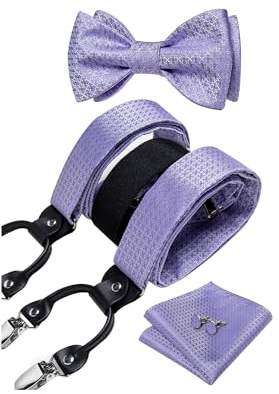 DiBanGu Hosenträger und Fliegen für Herren, formelle 6 Clips, Y-Form, verstellbare Hosenträger zum Selbstbinden, Einstecktuch, Manschettenknöpfe-Set, Flieder kariert, Einheitsgröße