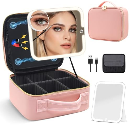 Travel Makeup Bag with Magnetic Removable Lighted Mirror, Cosmetic Bag Organizer with Mirror 360° Angle, Tri-Color LED Lighted Makeup Case, Portable Makeup Travel Train Case with Adjustable Dividers