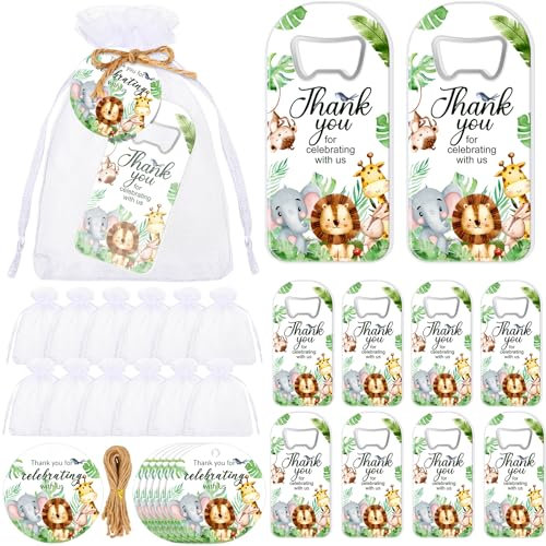 Singhoow Flaschenöffner für Babypartys, Gastgeschenke für Gäste, magnetischer Flaschenöffner mit Dankeschön-Etiketten, Kordelzugbeutel für Babyparty, Taufe, Souvenir (Dschungeltier), 50 Stück