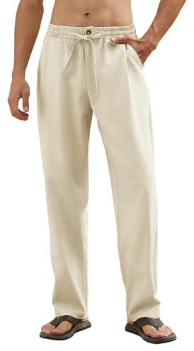 CMTOP Pantalon Homme Lin Ete Pantalon Decontracte Leger Pantalons Taille Elastique Pantalon de Yoga Plage Confortable Respirant Pantalon Jambes Droites avec Cordon de Serrage et Poches(Beige, XXL)