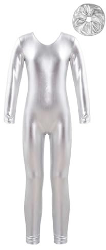 ranrann Kinder Mädchen Jungen Gymnastikanzug Langarm Body Bodysuit Overall Sport Ballett Trikot Tanz Leotard Ganzkörperanzug Einteiler Ballettanzug Turnanzug Silber_Metallic mit Haargummi 110-116
