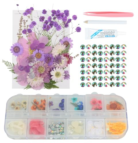 YUXUAN 170PCS DIY Natural Dried Flowers Face Rhinestones Set con Foglie secche Miste per l'artigianato, la creazione di Carte, la punzonatura del Viso, Gli Adesivi per Il Viso, Il Vestito del Viso.