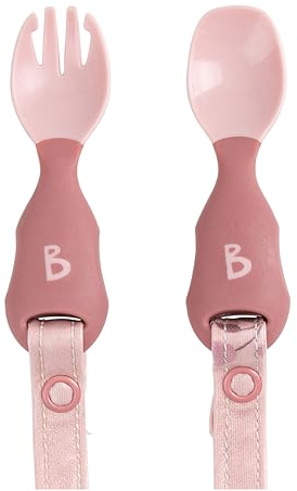 Bibado - Handi Cutlery Set (Blush) - Toddler Cutlery Weaning Set - Baby Spoons & Forks - Use with Coverall Bibs, Detachable Straps - Dishwasher Safe, BPA Free - Baby Essentials - 6 Months to 24 Months