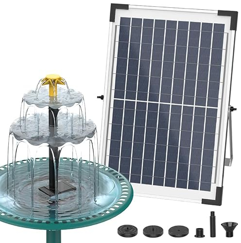 SUJFEE DIY Fuente Solar 10W para Jardín Exterior Fuente de Agua Decorativa con 3 Niveles 4 Boquillas para Pájaros Desmontable para el Baño de Aves, Decoración Jardín Exterior