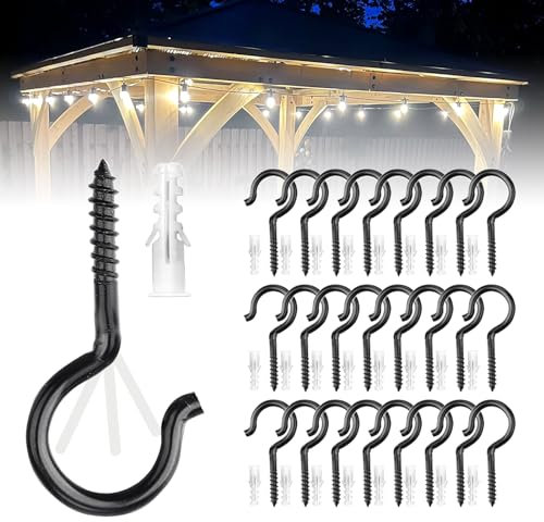 PATILWON 24Pack Windproof Screw Hooks for Garden, Outdoor String Light Hangers, Metal Hooks for Plants, Birdcages, Feeders, Christmas Decor, Mounted on Fence or Wall (24, Black-Circle)