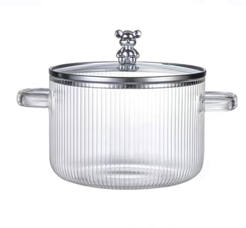 Komdndht Casserole en Verre Transparente, Marmite à Soupe Chauffante, Double Poignée, Casserole en Verre avec Couvercle Argenté