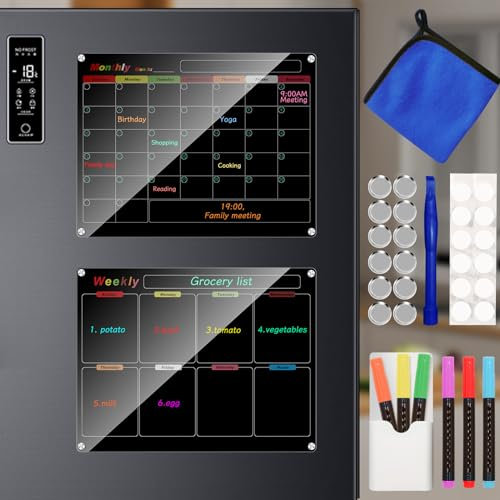 Acrylic Magnetic Calendar for Refrigerator, 2 Pack 25x33cm/10x13inch Black Fridge Calendar, Dry Erase Planning Boards, Monthly Planner and Weekly Planner