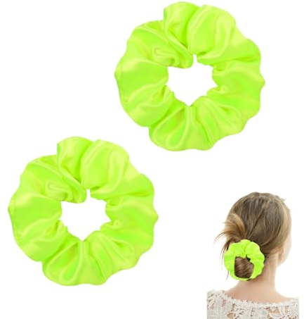 2 Stück haargummi Neon Gelb Grün,Dickes Satin Haar Scrunchies Haarband Elastisch,Damen Weich Skrunschis,Groß Stoff Haargummis,Headband Set,Stylische Frauen Elastisches,Hair Stirnband für Afro Lockiges