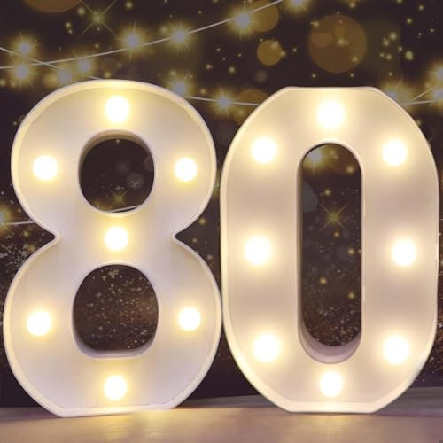 Decorative Led Light Up Numbers Letters, White Plastic Marquee Number Lights Sign for 80th Birthday Party Wedding Decor Battery Operated Number (80)