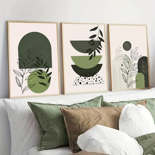 PWAAHDC Beige Grün Wandbilder 3er Set – Boho Ästhetik Poster für Wohnzimmer, Modern und Schlafzimmer – Stilvolle Wanddeko Ohne Rahmen (DIN A2, 42 x 60 cm)