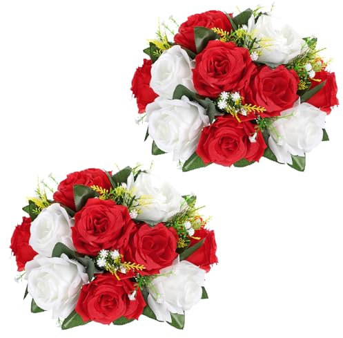 Oairse 2 Pcs Artificial Flower Ball with 15 Heads Silk Roses Flowers 22cm Red White Fake Flower Ball Arrangement with Base Flowers Bouquets for Centrepieces for Wedding Party Valentine Decor