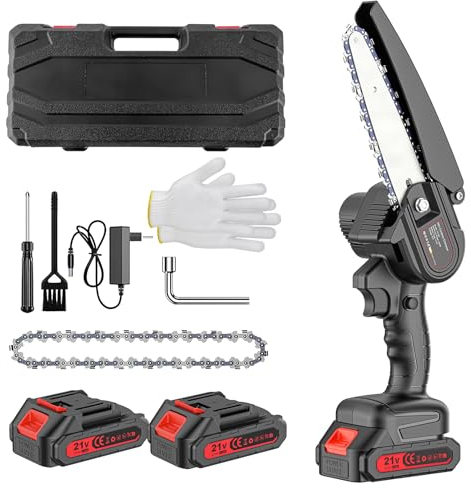 Chainsaw Mini Motosega a Batteria per Potatura Elettrica 6 Pollici, Sega a Batteria per Potatura Senza Fili Portatile per Taglio Legno Alberi e Rami Potatura, 2*2000mAh Batterie, Caricatore, 2 Catene