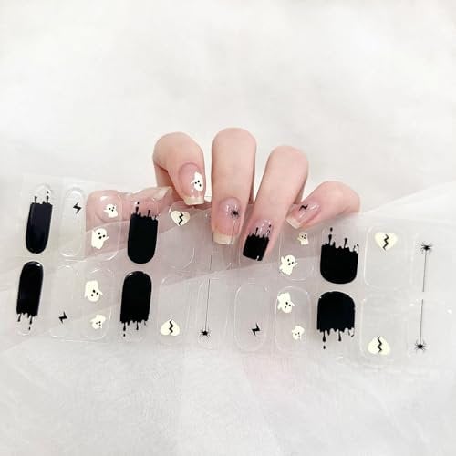 22 pcs Halloween Semi Cured Gel Nail Strips Nail Gel Polish Wraps Self-Adhesive Nail Full Wraps Nail Strips Halloween Nail Wraps Sticker Decals for Women Girls