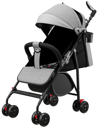 Poussette 4 Roues, jusqu'à 25 kg, Grande Capote, Pliage Compact, Dossier Inclinable, Guidon Réglable en Hauteur, Grandes Roues Tout -A-gris