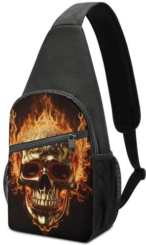TradesForU Totenkopf und Flammen Sling Bag für Damen und Herren, Cross-Brusttasche, Cross-Brusttasche, Umhängetasche, lässig, modisch, Sling-Rucksack, Stil, Einheitsgröße, mehrfarbig, One size