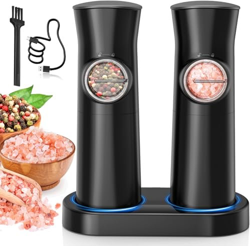 Electric Salt and Pepper Grinder Set, 5 Levels of Coarseness Pepper Grinder Mill, USB Rechargeable Base, Gravity Induction, Automatic Grinding Pepper Grinder with LED Light for BBQ Restaurant Kitchen